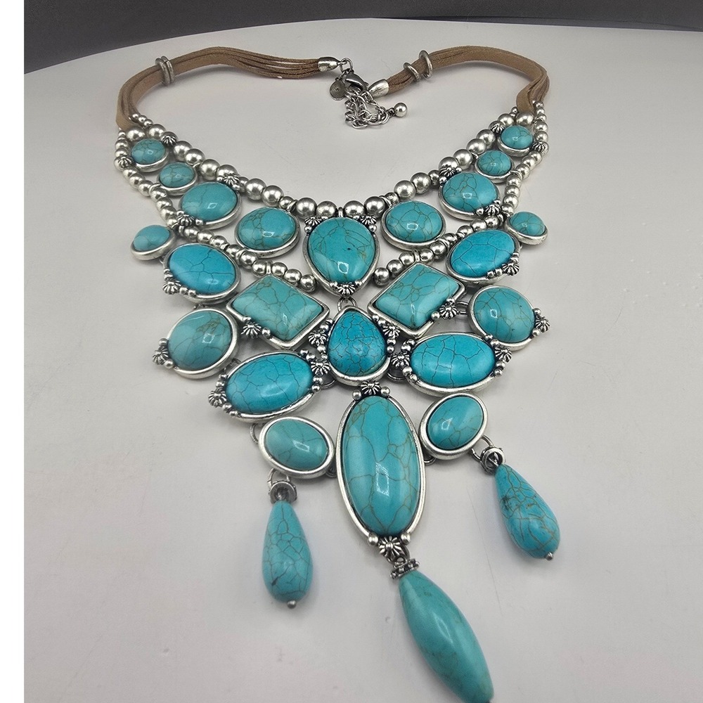 Chico's Statement Bib Necklace Blue Silver Tone Beaded Southwestern 19in